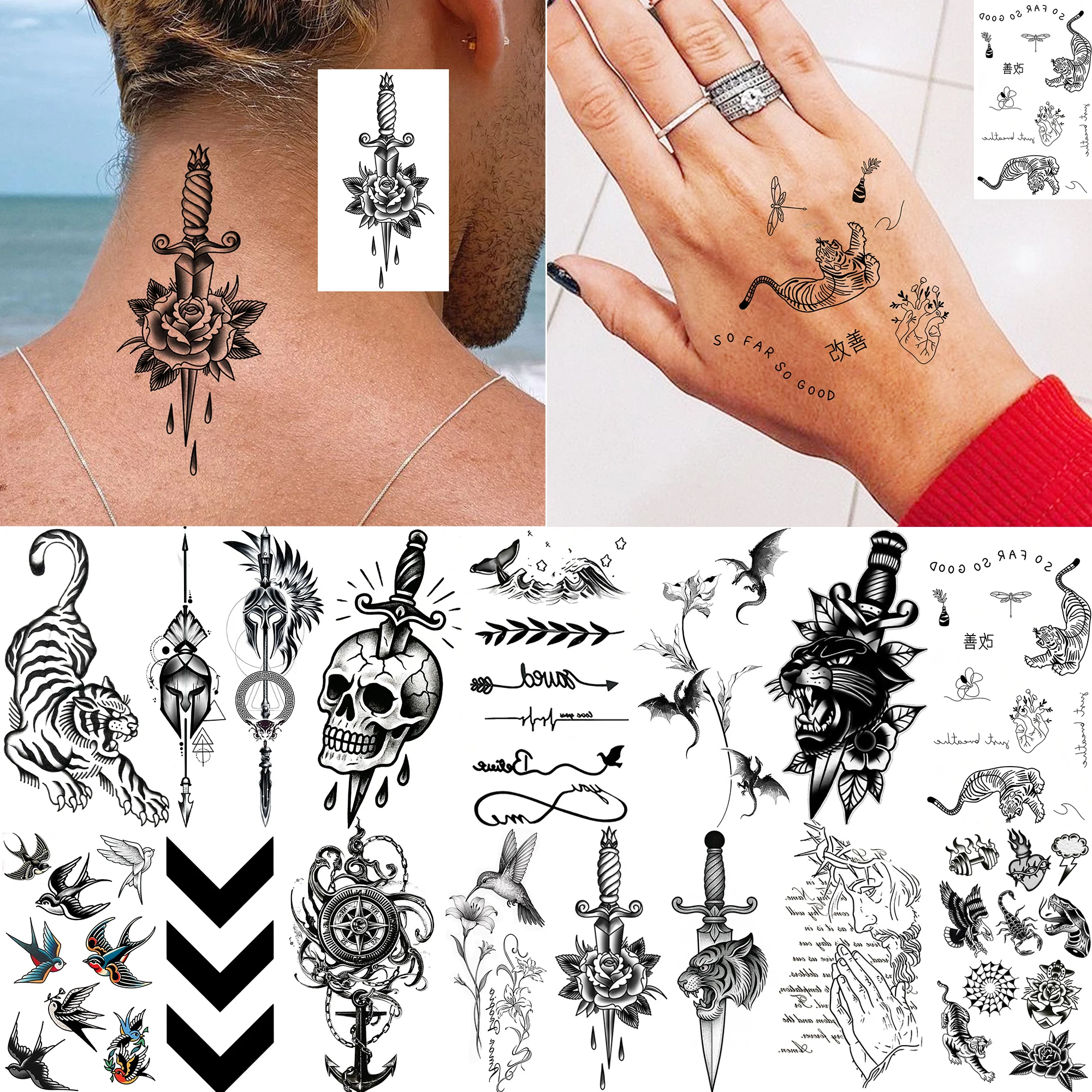 1 Sheet Halloween Skull Sword Rose Tiger Temporary Tattoo For Adult Hand Neck, Fake Tattoo Sticker Realistic Leopard Bird Tatoos