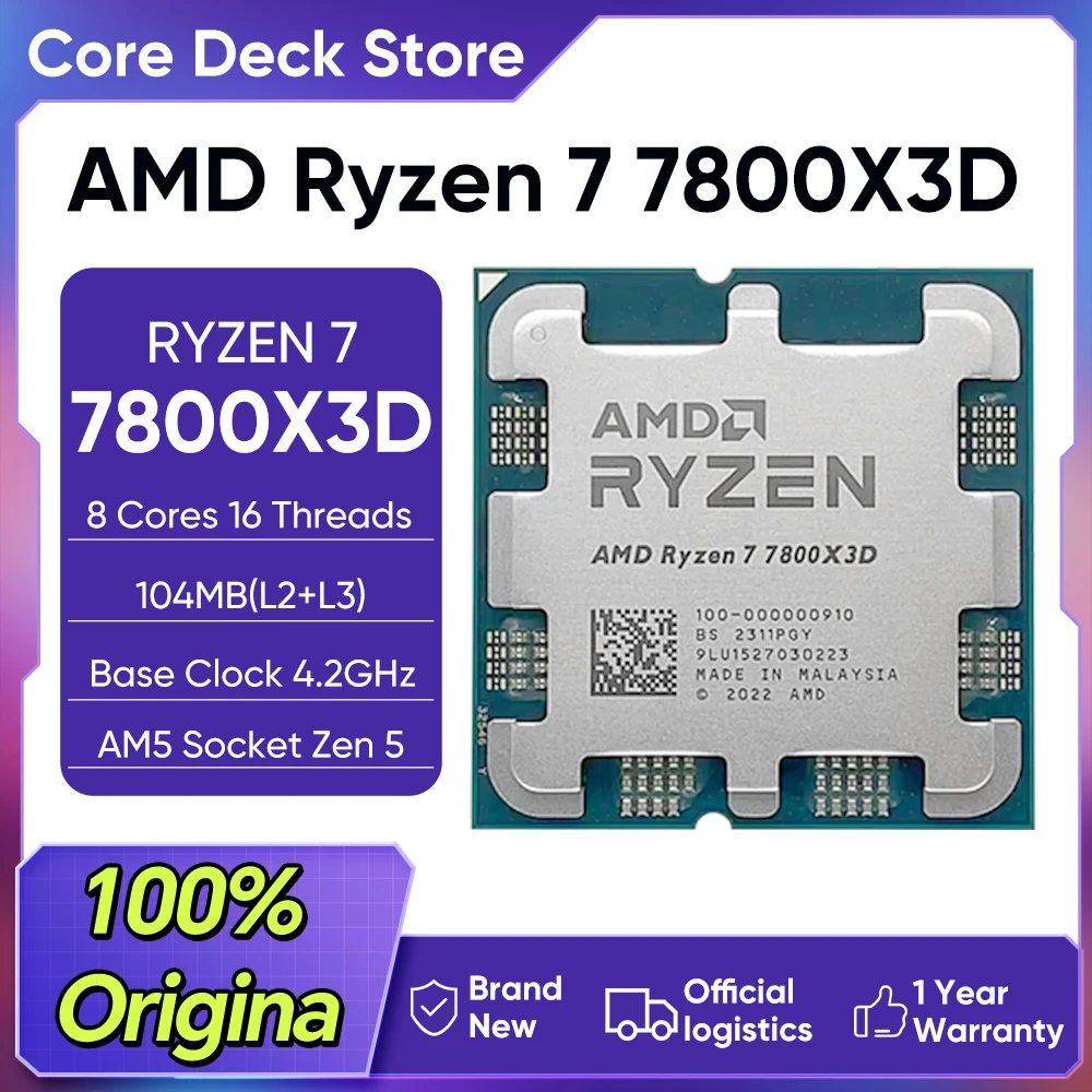 Processeur de bureau AMD Ryzen 7 7800X3D, 8 cœurs, 16 threads, 96 Mo de mémoire cache 3D, socket AM5, DDR5, CPU de jeu, sans refroidisseur