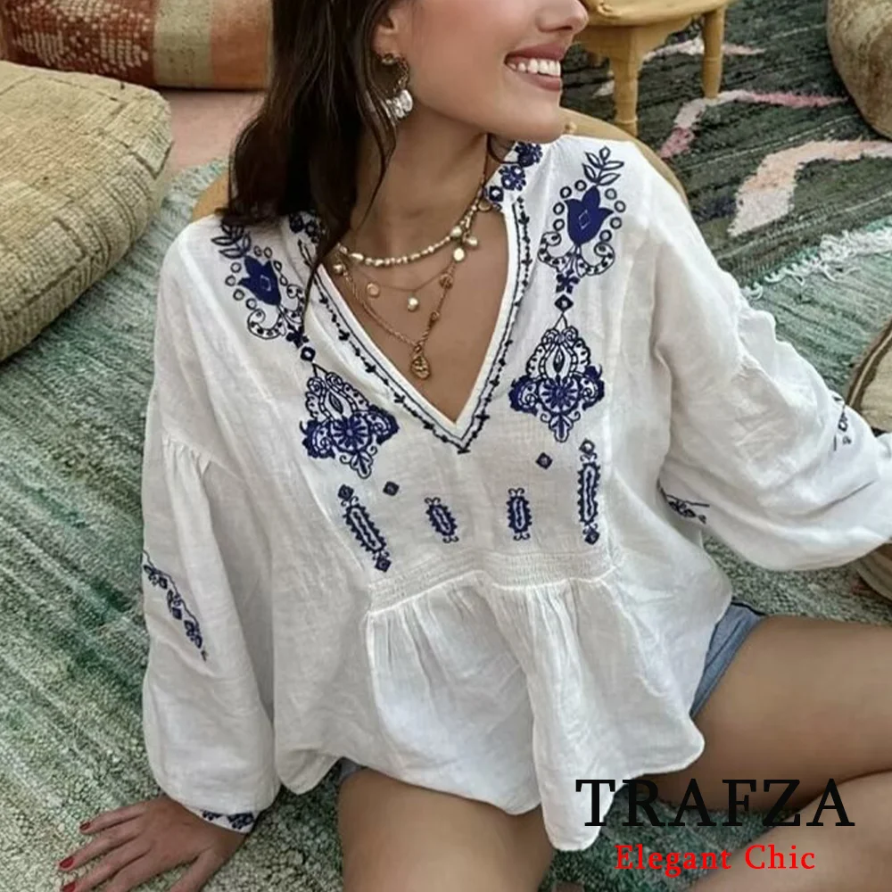 TRAFZA Casual Luxury Beaded Embroidery Shirt Women\'s V-neck Loose Elegant Tops New 2024 Spring Fasion Vacation Shirts