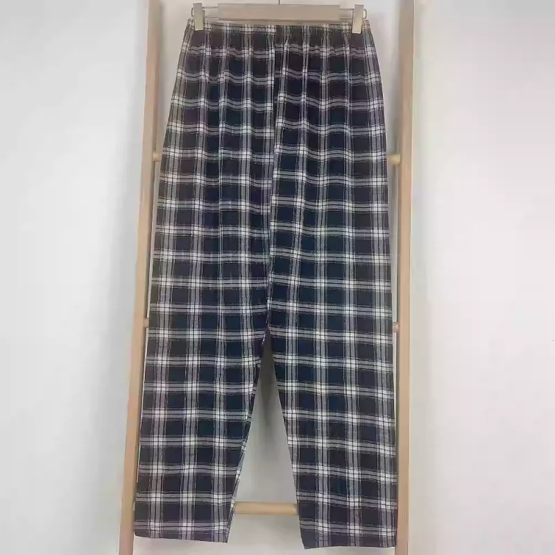 Pantalon en coton tricoté pour homme, grande taille, ample, pyjama pour jeunes, à carreaux fins, bas de sommeil pour hommes, printemps automne