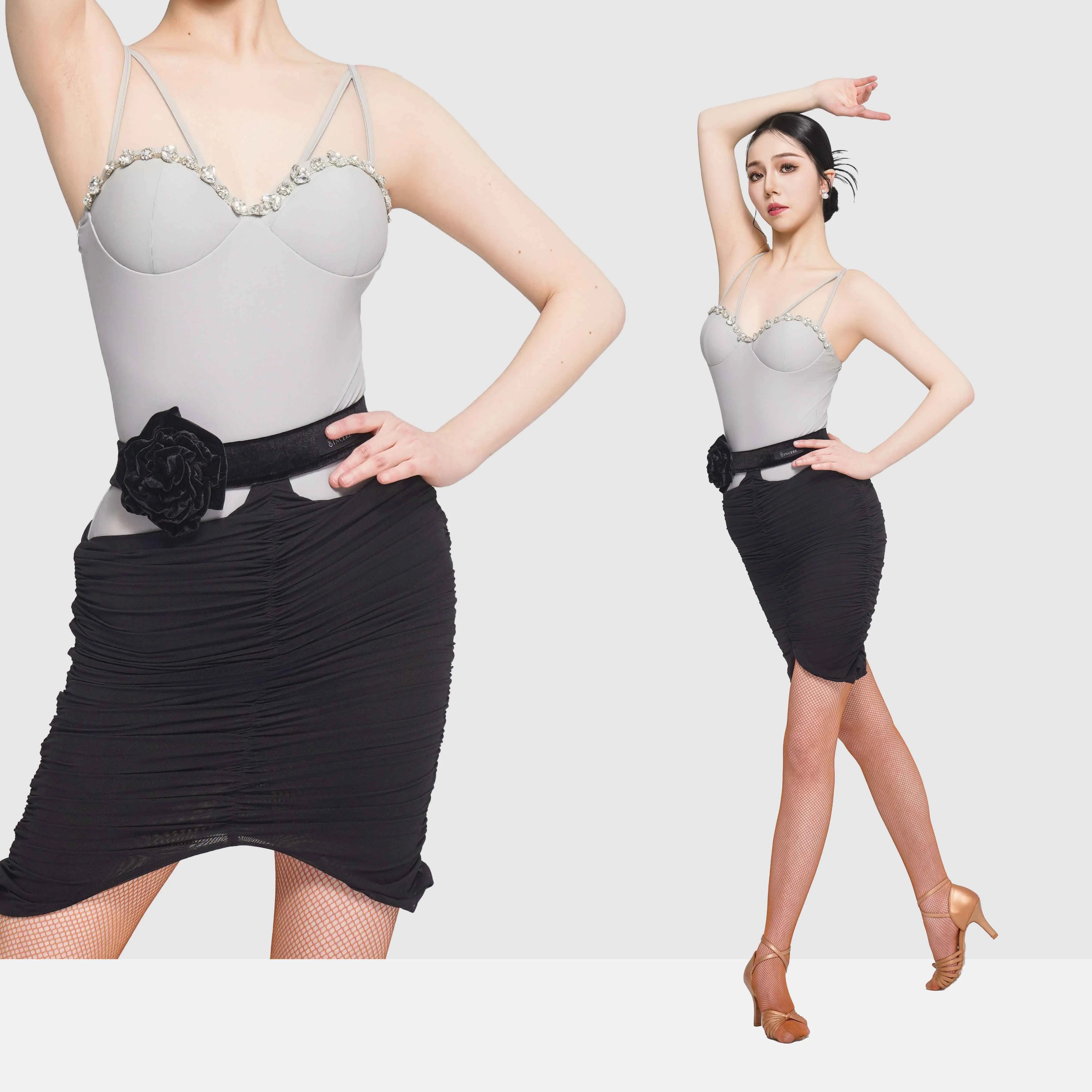 

New Latin Dance Clothes Women Suspender Leotards Black Wrap Hip Skirt Rumba Samba Dance Practice Performance Clothing DNV24104