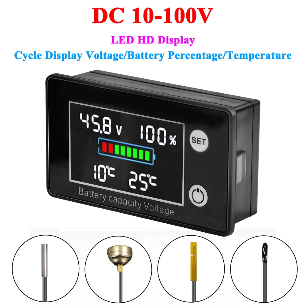 DC 10V-100V Digital Battery Voltmeter Volt Temp Battery Monitor Lead-acid Lithium Battery Capacity Indicator 12V 24V 48V 72V 84V