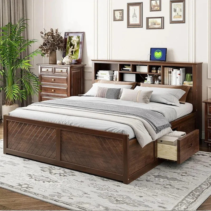 

Solid Wood King Size Platform Bed with Bookcase Headboard, Storage Drawers, Shelves, and Charging Station
