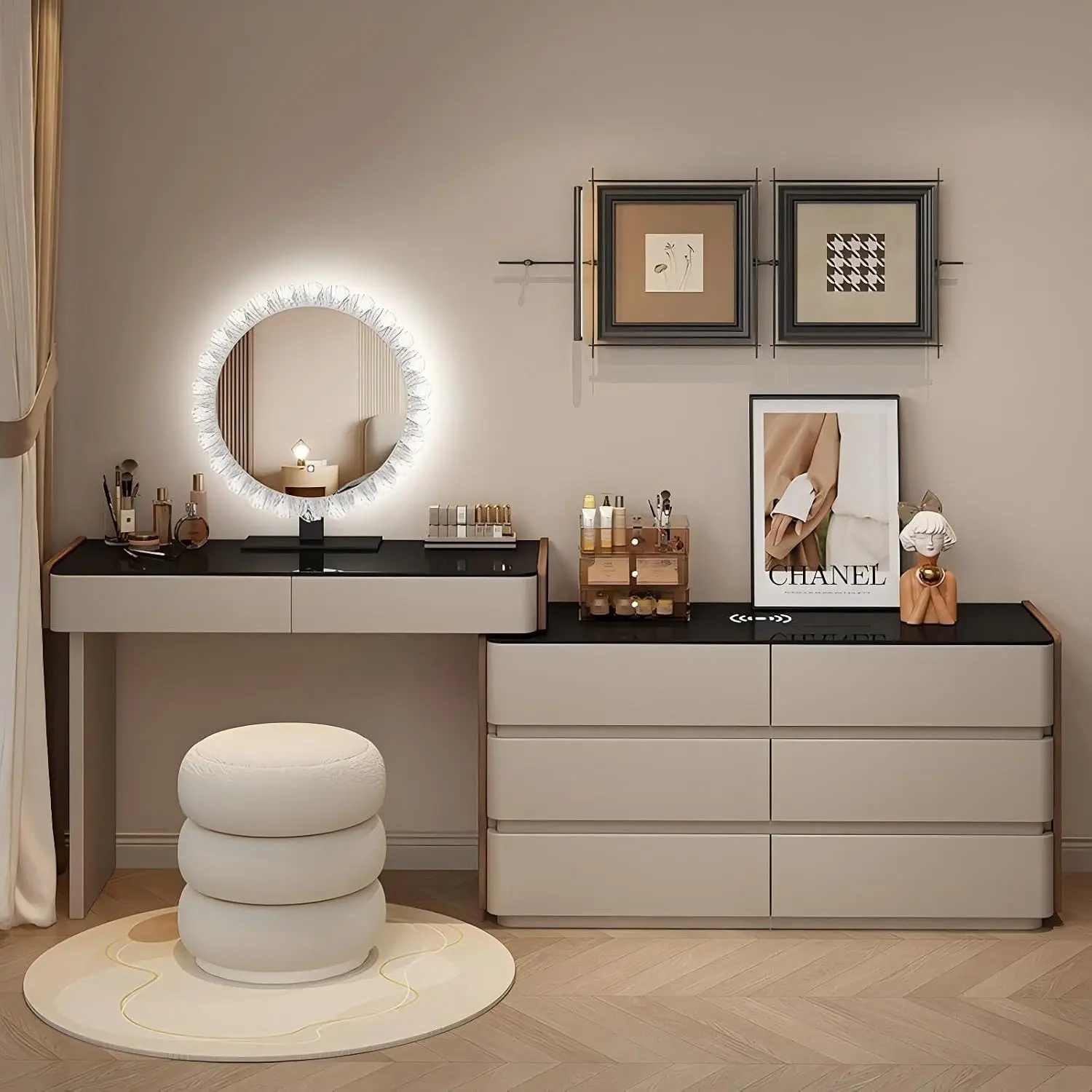 Makeup Vanity Desk, Modern Vanity Set Includes LED Smart Makeup Mirror, Tempered Glass Desktop and Side Cabinet, Solid Wood Dres