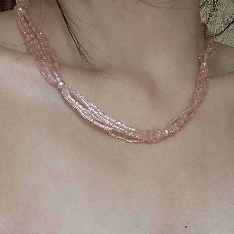 

Minar Sweet Coolr Multi Layered Pink Color Crystal Natural Stone Beaded Necklace for Women Silver Plated Chain Strand Chokers