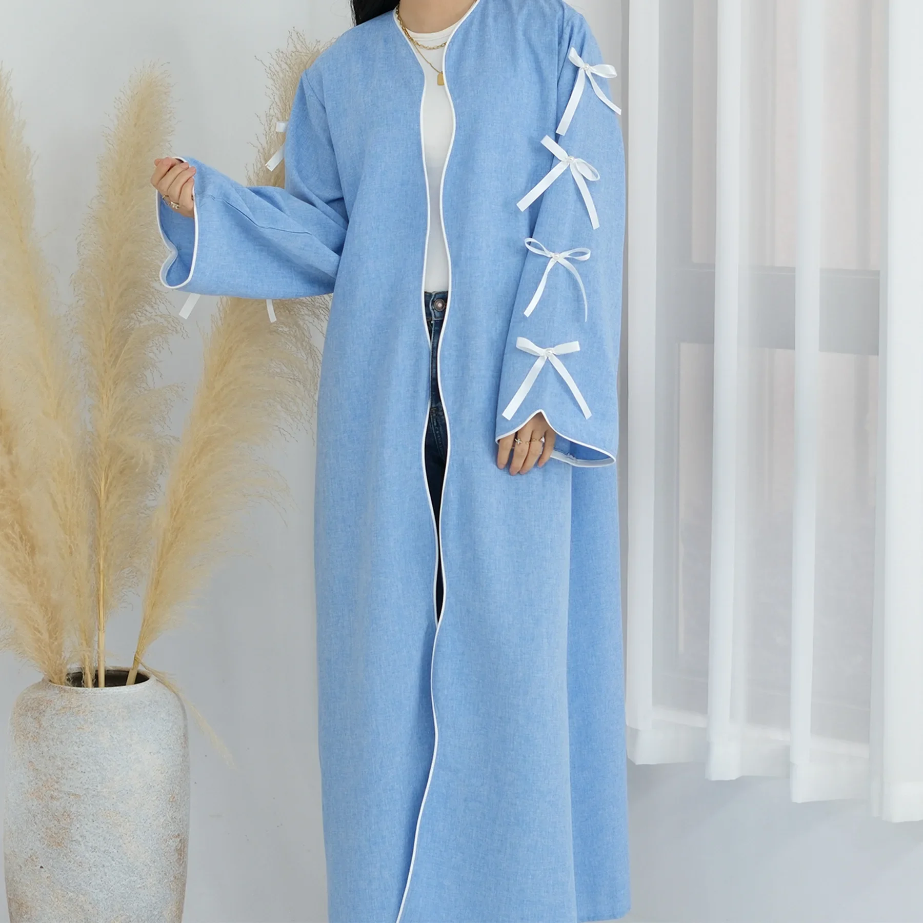 

Eid Open Abaya Kimono Bowknot Linen-like Fabric Muslim Dress Abayas for Women Dubai Luxury Turkey Islamic Clothing Kaftan Robe