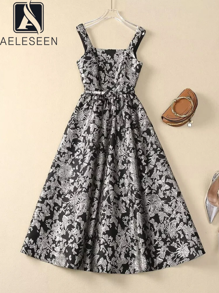 

AELESEEN Runway Fashion Long Dress Women Spaghetti Strap Square Collar Vintage Flower Print Jacquard Belt Black Beige Elegant