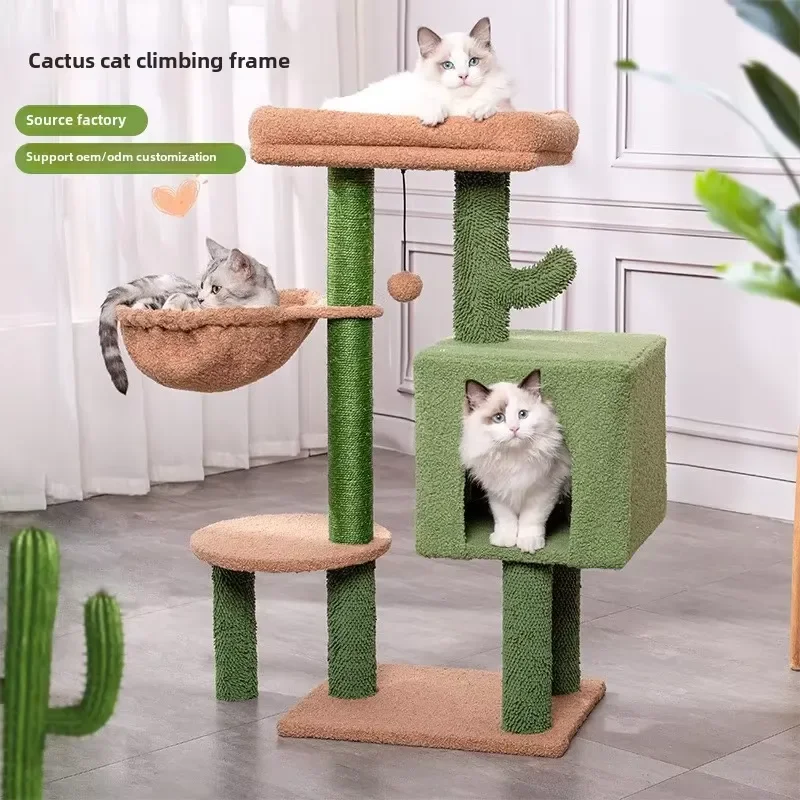 Modern Luxury Cat Tower for Indoor Cats Comfy Condo Hammock Natural Sisal Cactus Dangling Bell Ball Padded Top Perch Wood