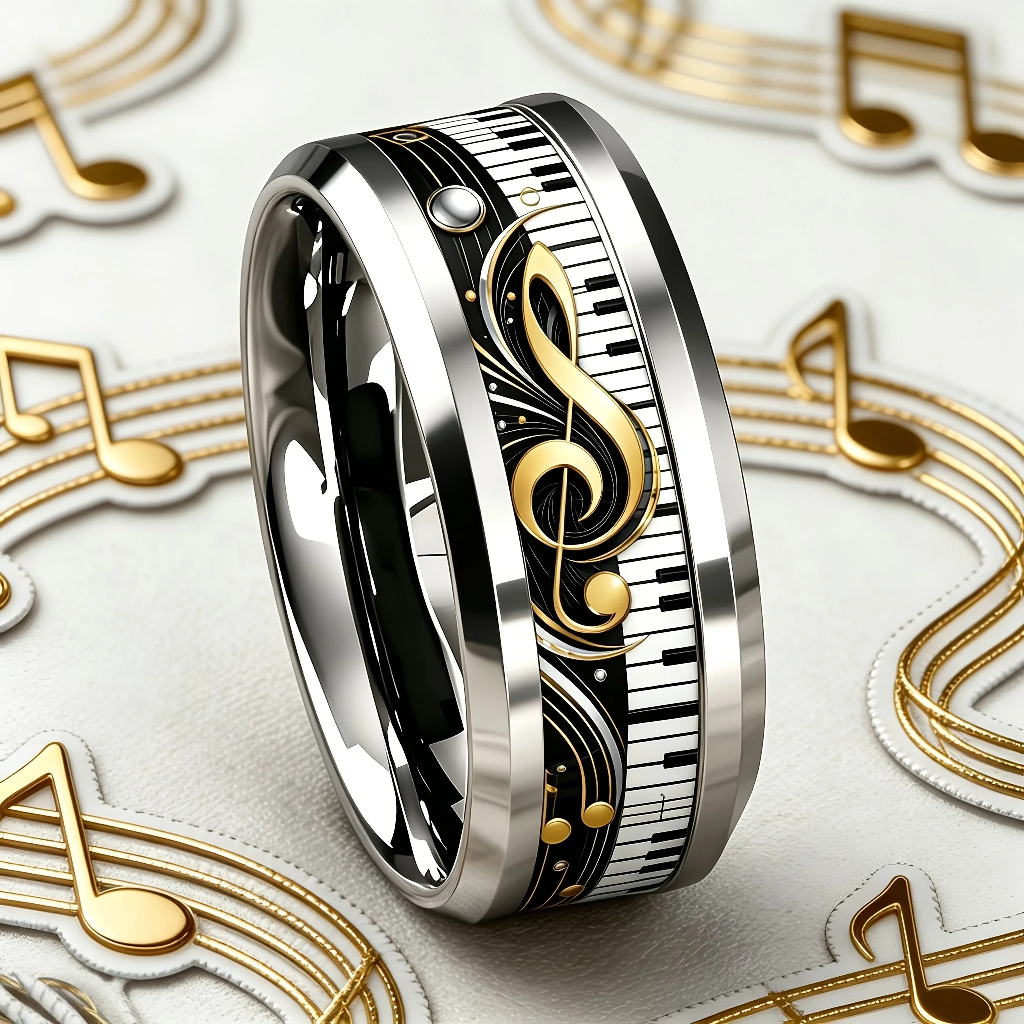 Luxury Golden Treble Clef Piano Keyboard Music Note Inlay Stainless Steel Ring Musical Artist Style Stackable Band Jewelry Gift