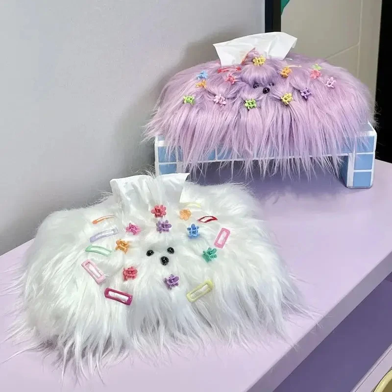 Cute Plush Tissue Bag Basket Bag Monster Drawer Box with Little Hairpin DIY Room Table Drawer Paper Holder Paper Box Cover