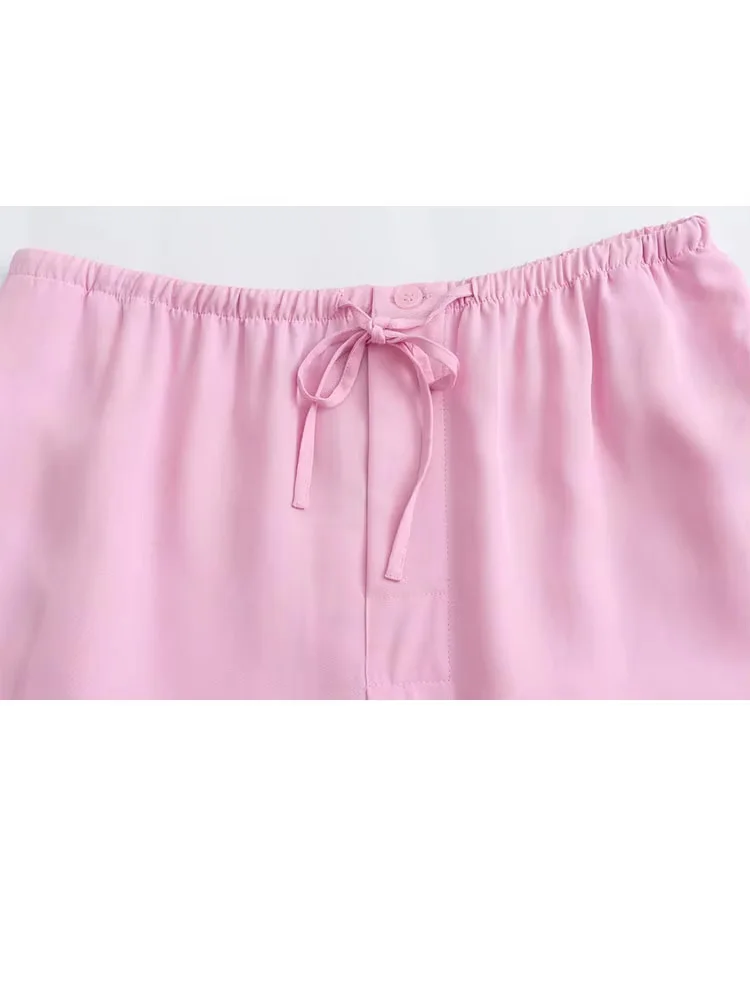 HH Women\'s Set Pink Turn Down Coller Half Sleeves Single Breasted Shirts+Mid-Waist Lace-Up Wide Leg Pants Women Fashion Suit