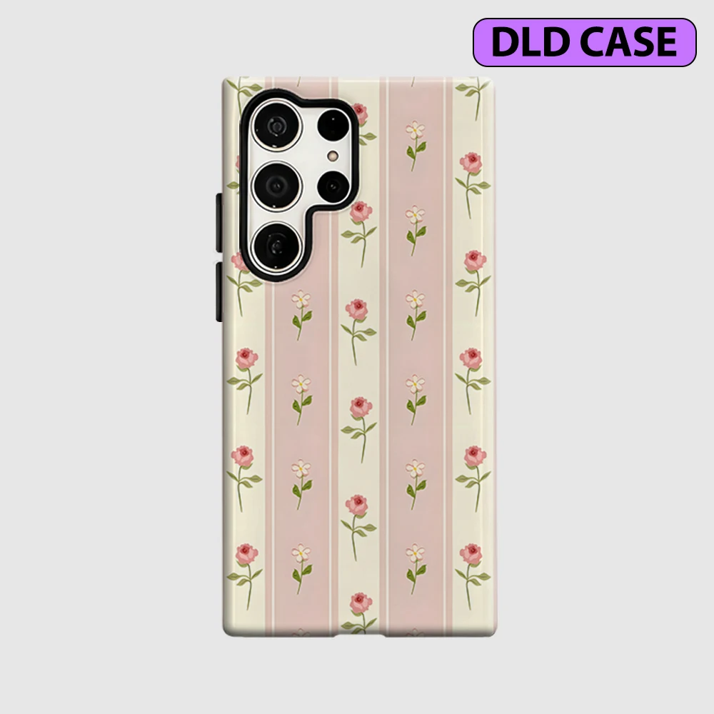 Blush Floral Stripe Phone Case for Samsung Galaxy S26 S25 Ultra S24 S23 Ultra Plus Shockproof Double Layer Tough Back Cover