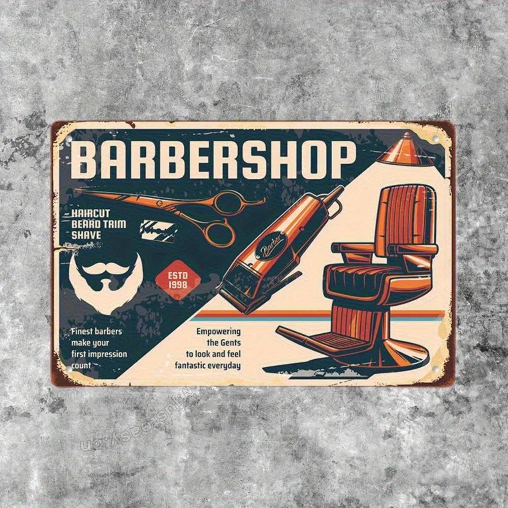 Vintage Barber Shop Metal Sign - Retro 1940s-1950s Decor with Chair, Scissors & Clippers Heavy-Duty Iron Sheet Wall Art