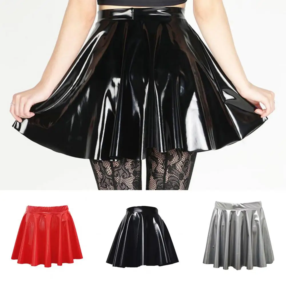 Women Mini Skirt Short Skirt Elegant High-waisted Women's Skater Skirt in Mirror Glossy Faux Leather for Work Leisure Solid