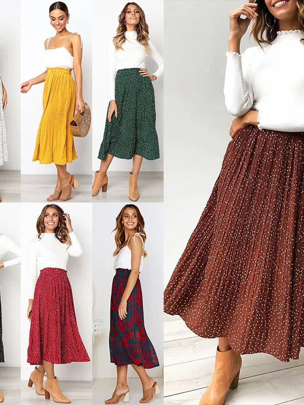 Süßer Polka Dot f-Länge Faltenrock Damen Faionable Loose Casual Ket Design High Waist Ele Midirock