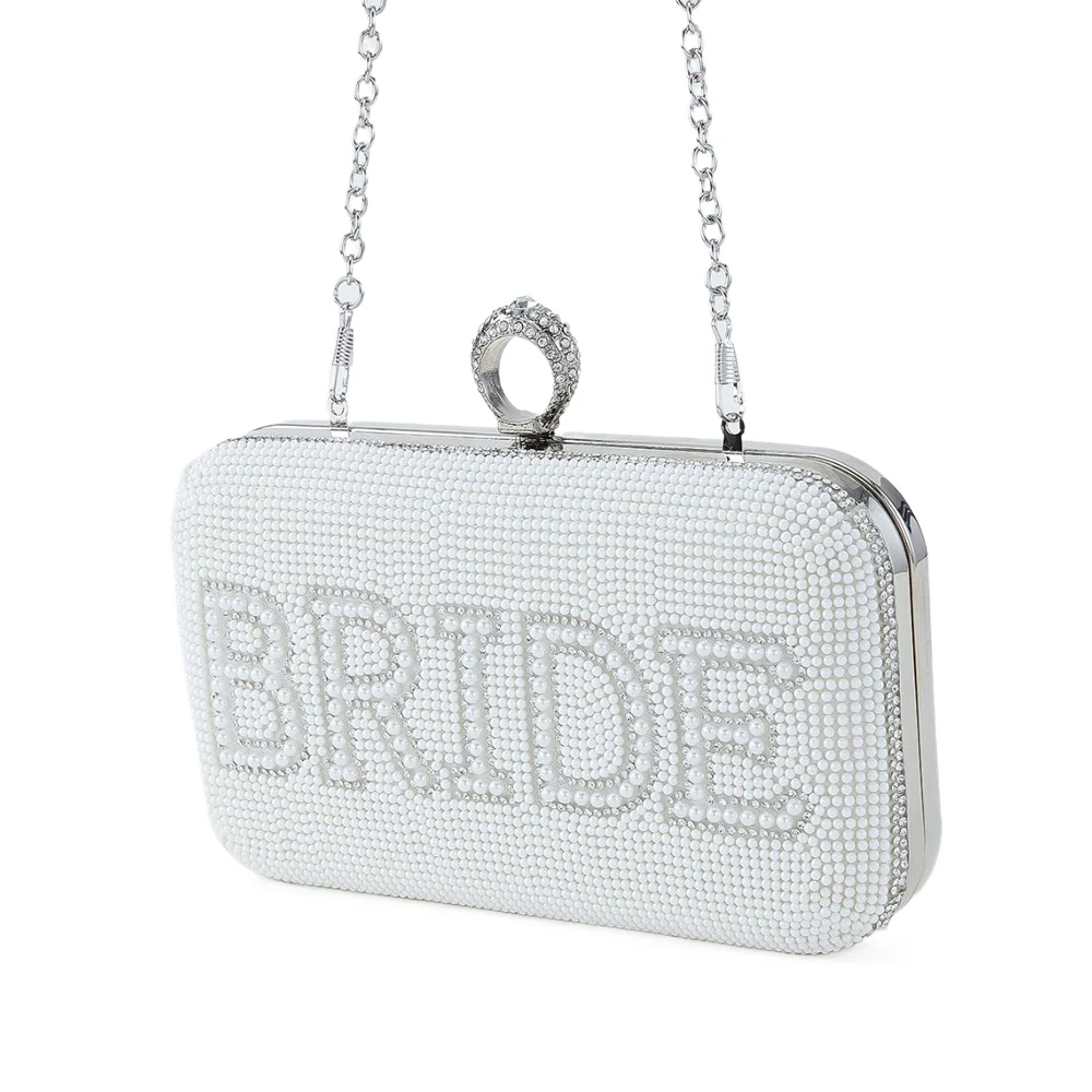 Pearl BRIDE Clutch Purse White Rhinestone Shoulder Handbags Bridal Wedding Evening Bag Ladies Party Decoration MRS Gift Present