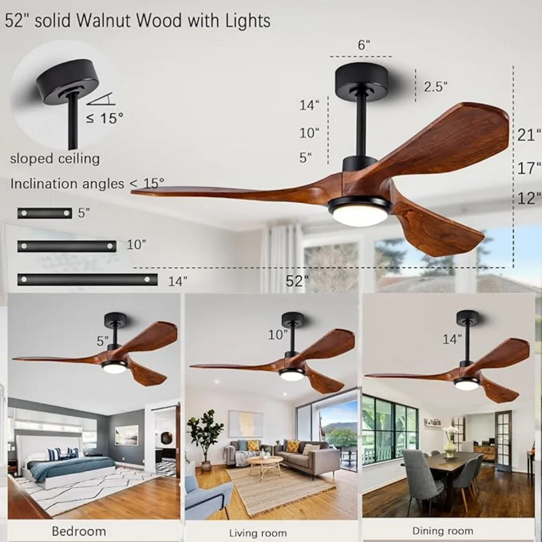 Modern 52Inch Wood Ceiling Fan Reversible DC Motor Ceiling Fan Light 6 Speed Big Wind White Black Remote Control Bedroom