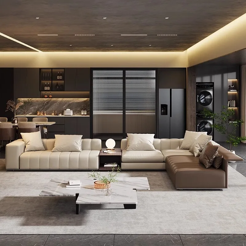 Piano key sofa designer minimalist villa large flat living room furniture light luxury corner leather combination 3