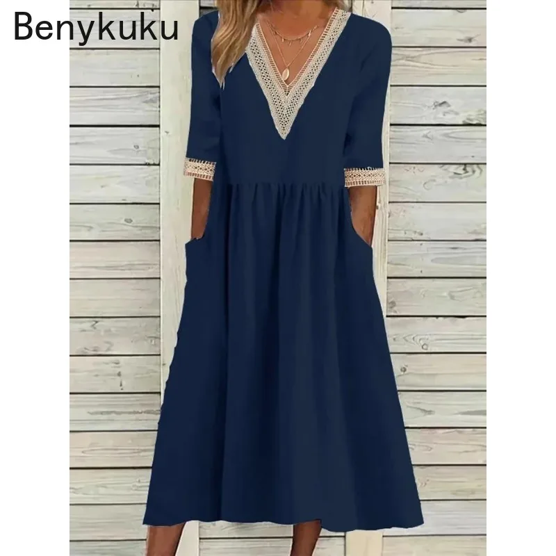 Half Sleeve V Neck Cotton Linen Dress for Women 2024 Summer New Robe Casual Dresses Chic Vintage Spliced Loose Midi Vestidos