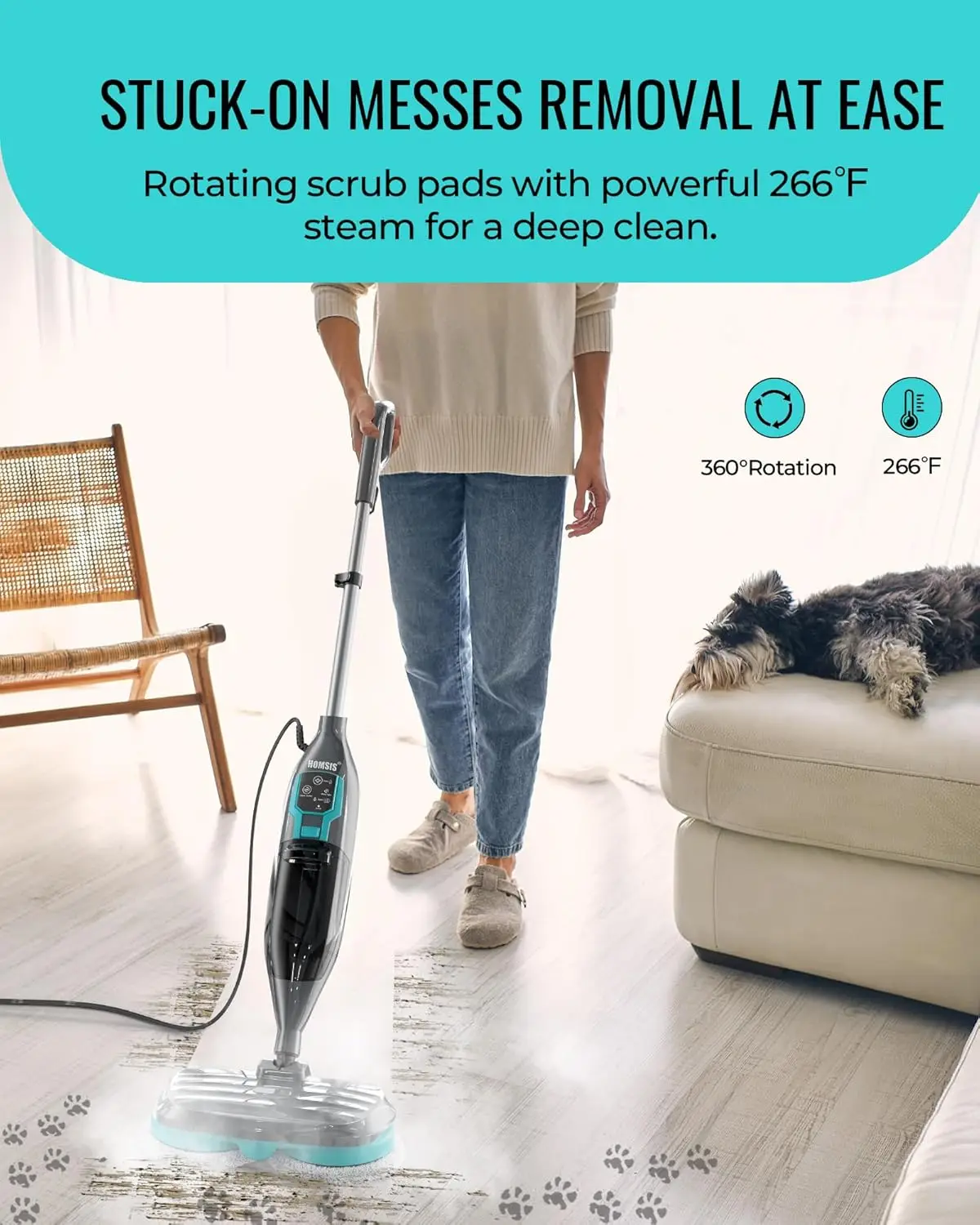 Steamer Scrubber: Hardwood Tile Laminate and Vinyl Hard Surface Floor Cleaning Scrub Steam Mop - Electric Power Spin Steam Floor