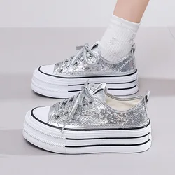 2024 New Women Sequins with Thick Bottom Canvas Shoes Spring/Summer Student Vulcanized Shoes Casual Running Sneakers