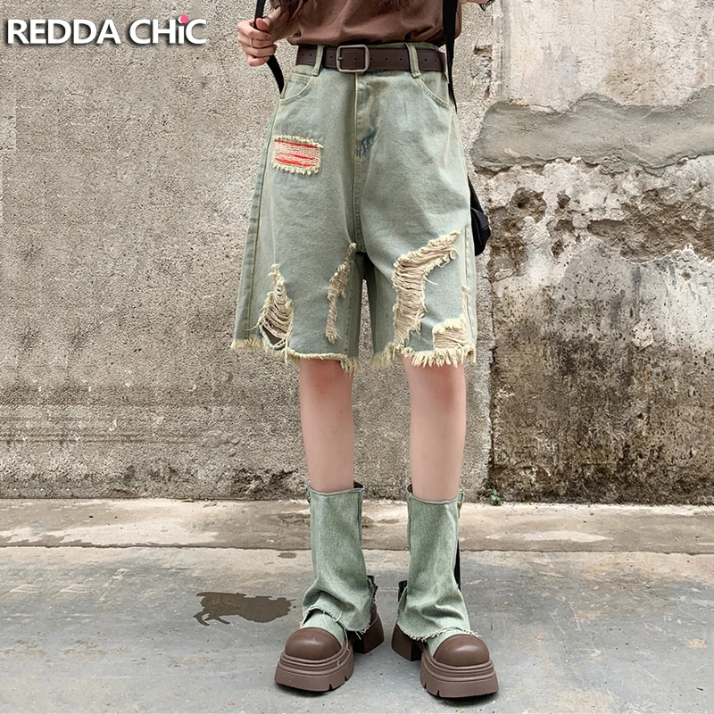 Reddaschic-pantalones cortos de mezclilla irregulares para mujer, Jeans holgados de tiro bajo, ropa de calle Harajuku Y2k, lavado Vintage, Verano