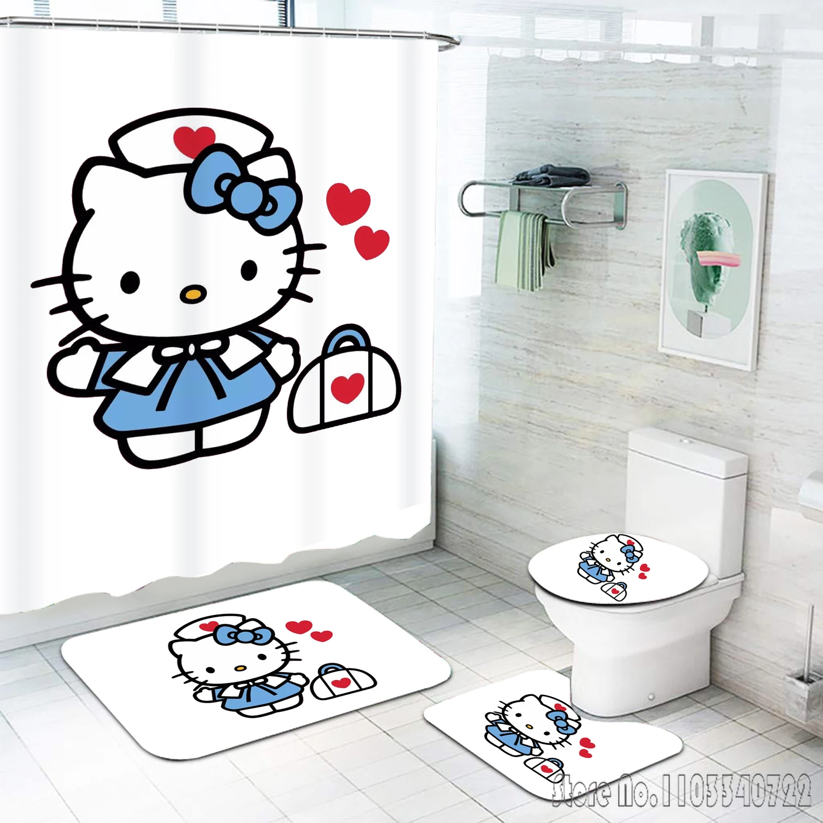 Cute Hello Kitty Anime Bath Shower Curtain Set 4pcs with Hooks Waterproof Bathroom Toilet Mat Lid Decor