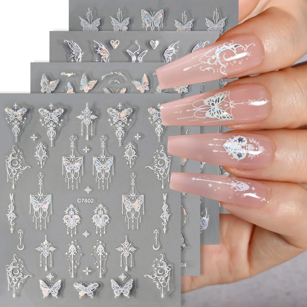 1pcs Metallic Black Butterfly Nail Stickers 3D Laser Holographic Charms Sliders Lace Dream Catcher Moon Heart Star Nail Decals