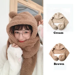 Women Winter Cute Cartoon Bear Ear Hat Warm Hoodie Hat Long Scarf Soft Plush Shawl Wraps Hooded Hat