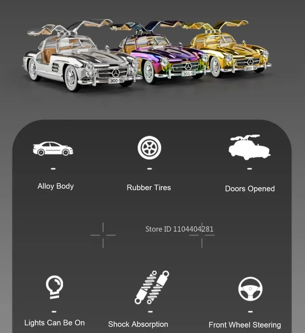 1:24 Phantom 300SL Legierung Diecast Vintage Auto Miniatur Modell Spielzeug Sound Licht Zurückziehen Türen Geöffnet Ornament Kinder Festival Geschenk – Detail 18