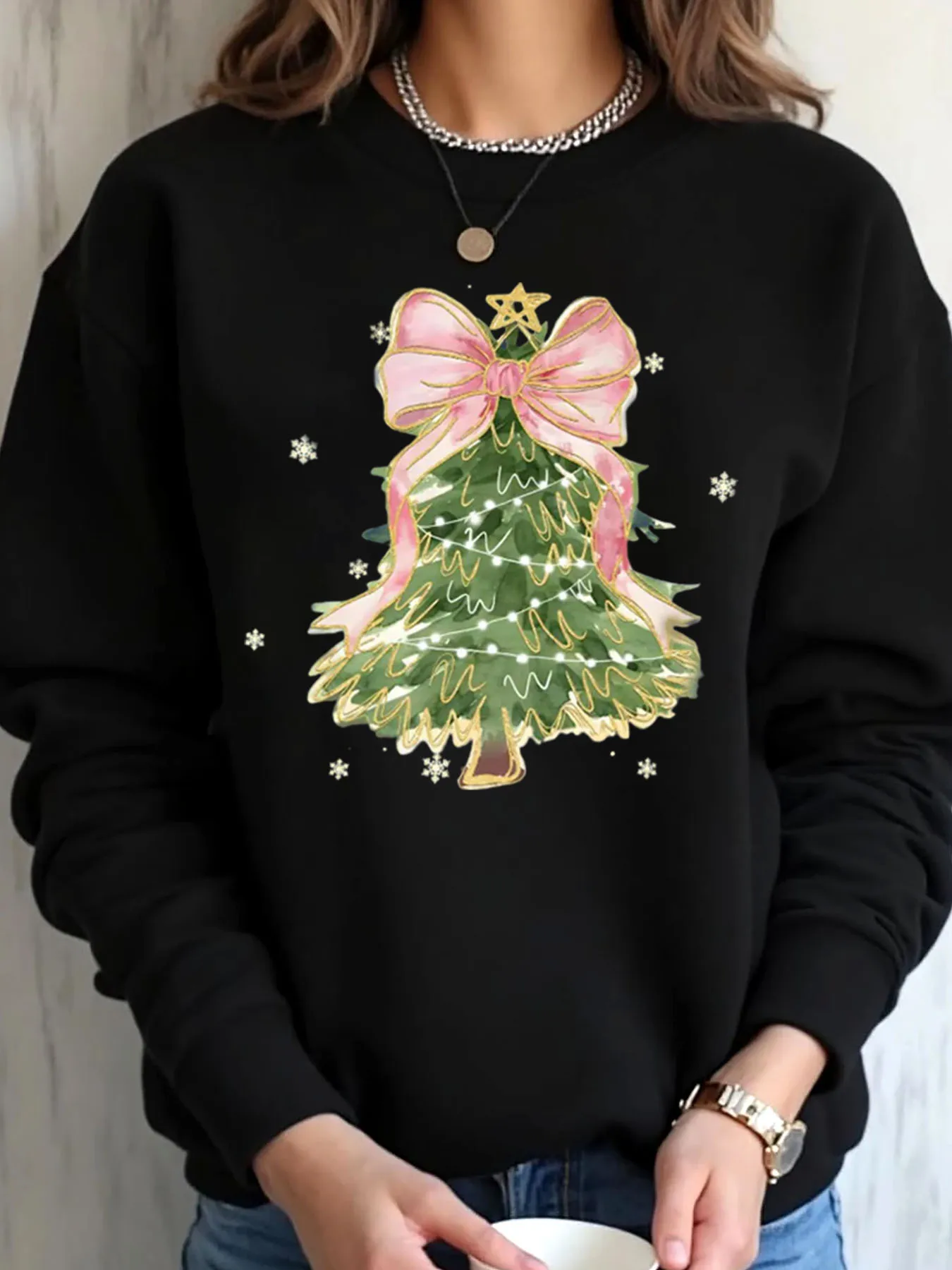 

Женская толстовка большого размера с рождественской елкой и принтом розового банта, верхняя одежда
