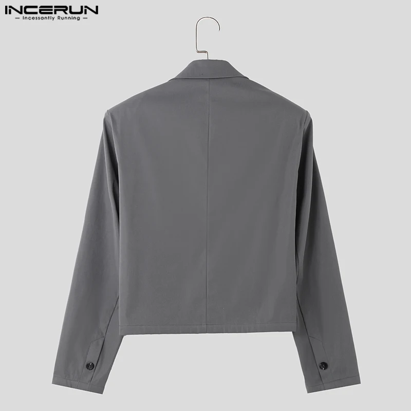 INCERUN Tops 2023 Korean Style New Mens Shoulder Pads Solid Cropped Blazer Casual Fashion Hot Sale Long Sleeved Suit Coats S-5XL