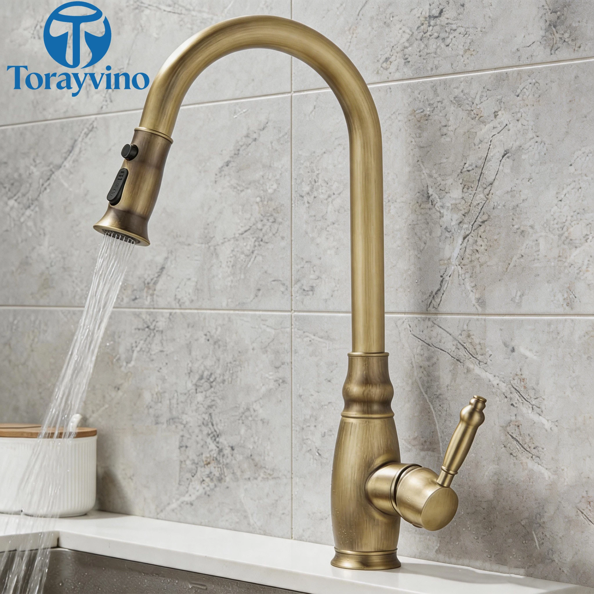 Torayvino Kitchen Antique Brass Faucet with Pull Down Sprayer 3 Function Single Handle 360° Swivel Commercial Mixer Sink Faucets