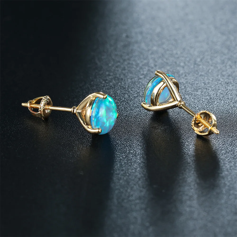 Blue Fire Opal Stud Earring 6/7/8MM Round Stone Screw Back Earrings For Women Vintage Gold Color Wedding Jewelry Minimalist Gift
