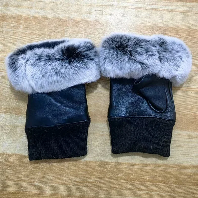 Autumn And Winter Women's Fingerless Gloves Lady's Genuine Leather Rabbit Fur Mittens Winter Warm Sheepskin