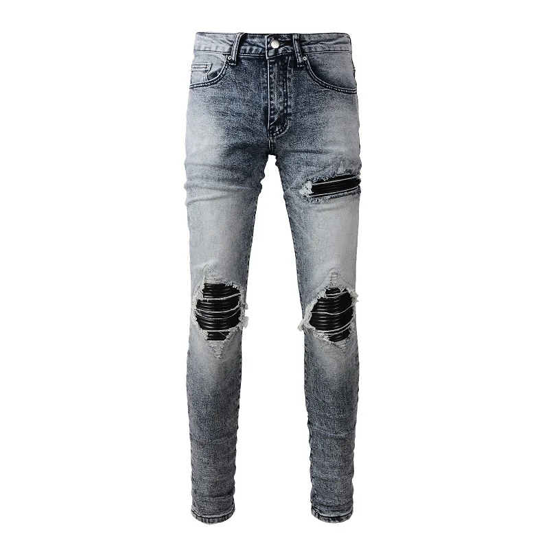 Men's Jeans Vintage Holes Trousers Rivet Patch Slim Skinny Ripped Jeans Casual Trendy Painted Distressed Denim Beggar Pants