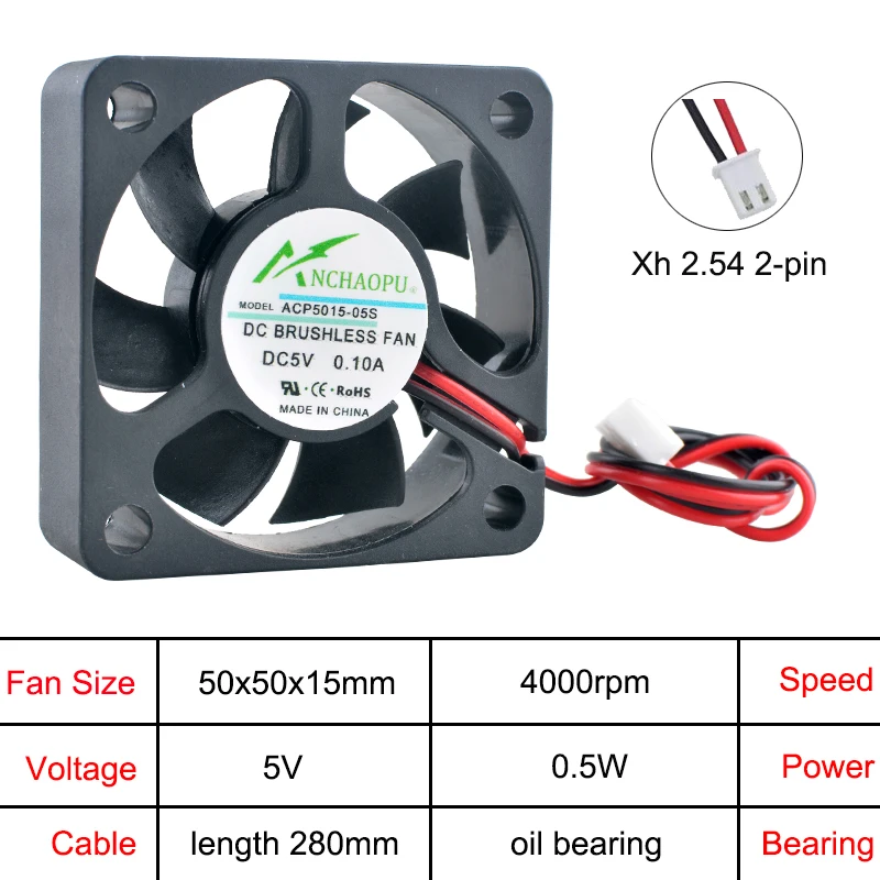 Compact 50x50x15mm 2Pin Axial Cooling Fan ACP5015 for Power Supplies Chargers Frequency Converters Compatible with 5V 12V 24V DC