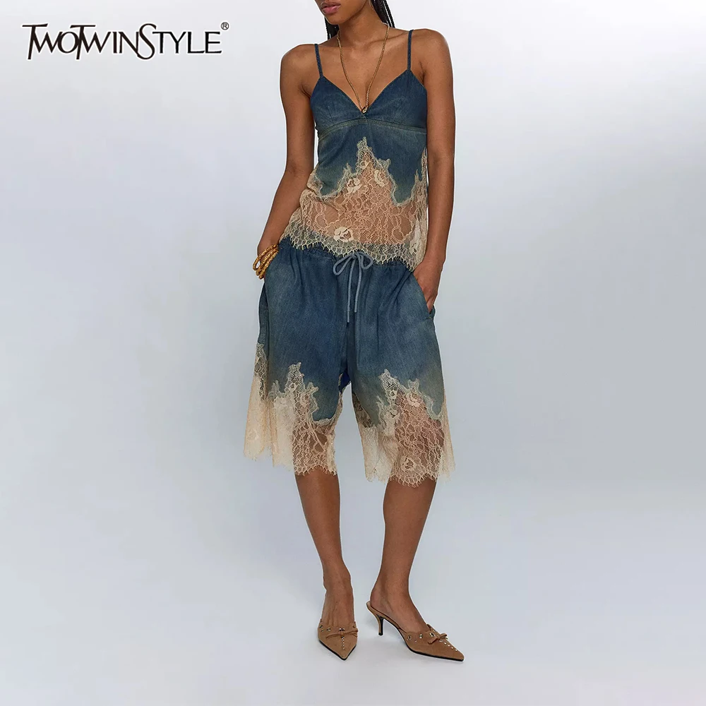 TWOTWINSTYLE Hit Color Spliced Lace Two Piece Set For Women V Neck Sleevelss Tops High Waist Loose Shorts Chic Denim Sets Female