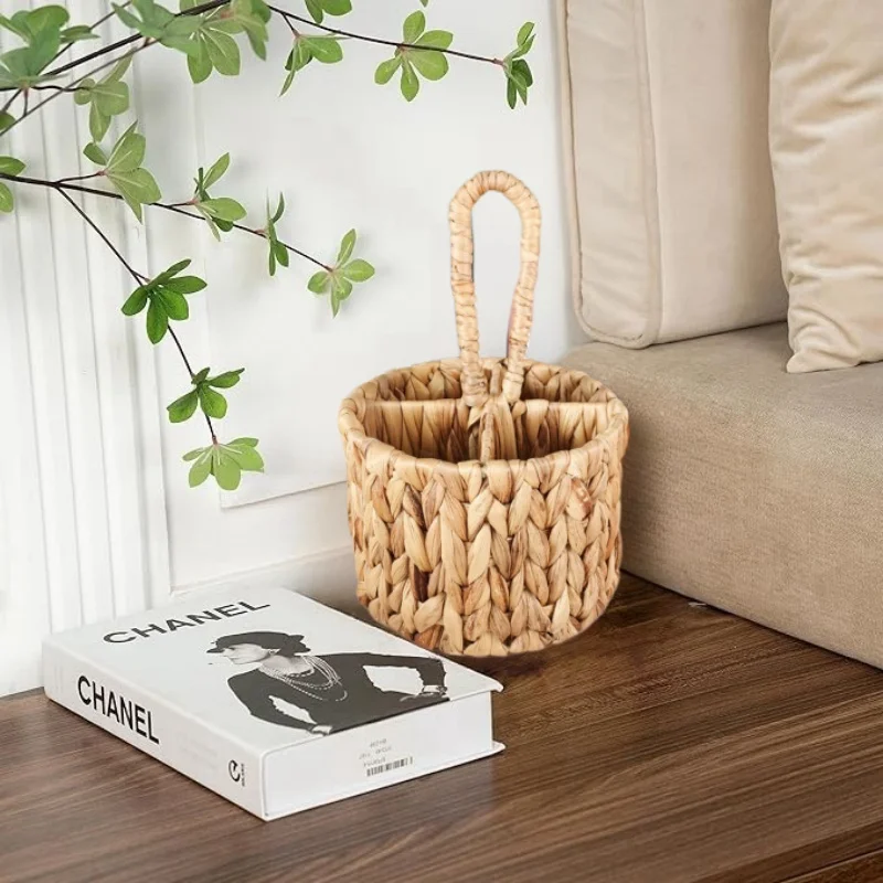 Rattan Wicker Storage Basket Hand Woven Flatware Organizer Round Storage Box Water Hyacinth Storage Basket Cutlery Holder