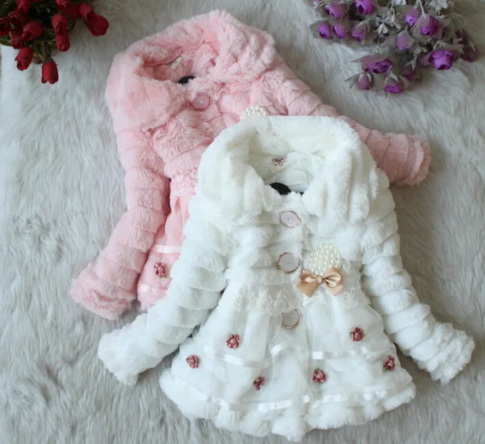 Children Fur Coat 2-9Yrs Girls cotton-padded Jacket Winter Baby Girl Coat Pearl Pendant Girls Clothes Baby Kids Outwear Clothing