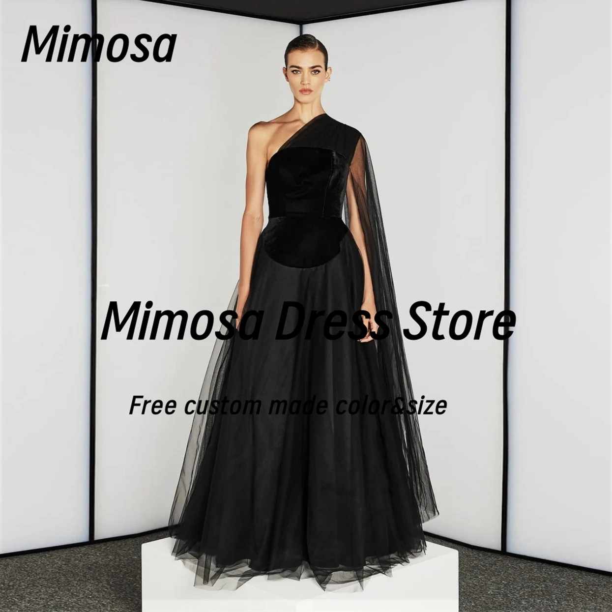 

Mimosa Modern Black Prom Dresses 2025 One Shoulder Flutters Evening Party Gowns A Line Tulle Special Occasion Dress Customized