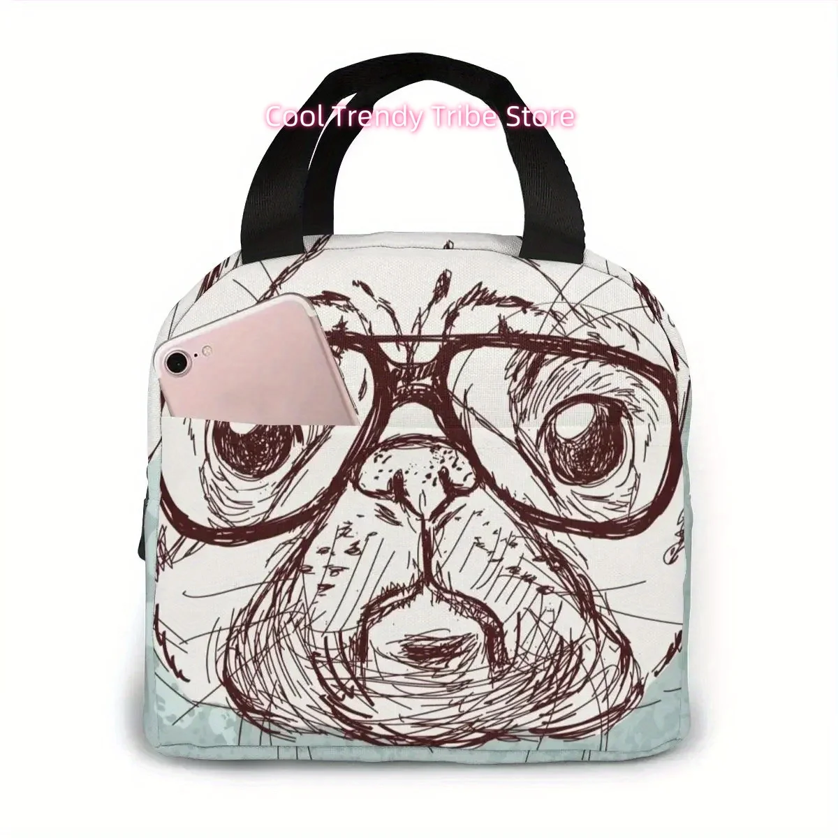 French Bulldog Puppy Face Dog Head Pattern Cooler Bag Portable Zipper Thermal Lunch Bag Convenient Lunch Box Tote Food Bag