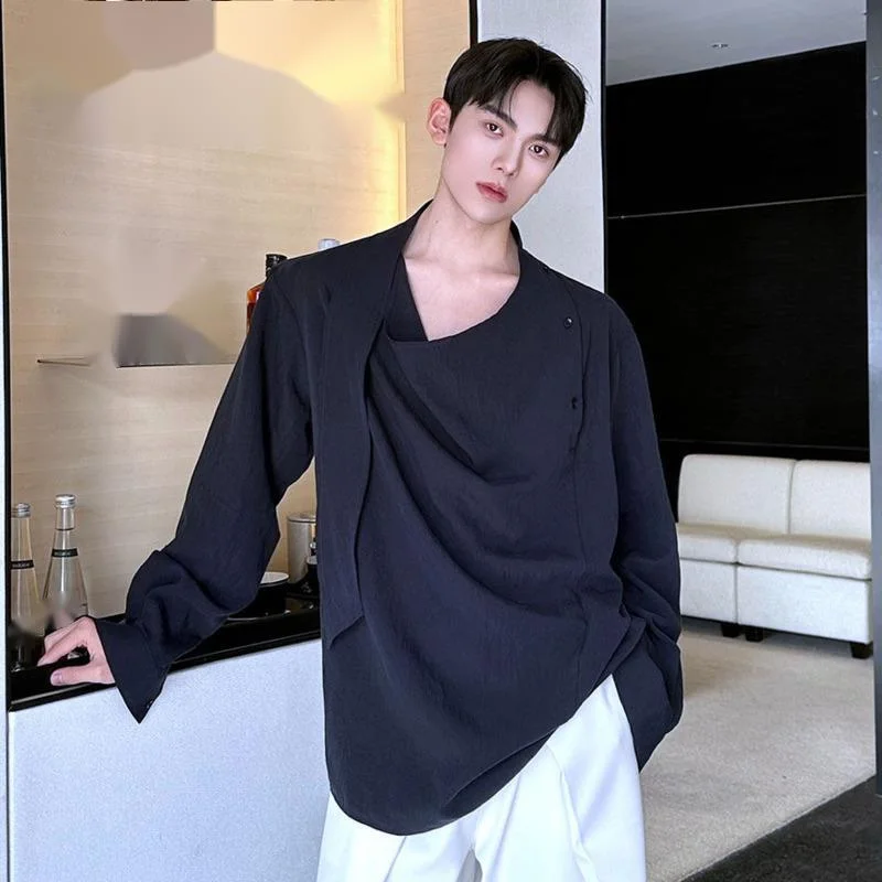 WVGA 2026 Spring Summer New Man Tide Pullover Loose Linen Ribbons Design Trendy Long Sleeve Shirts Niche Chic Casual Tops W20500