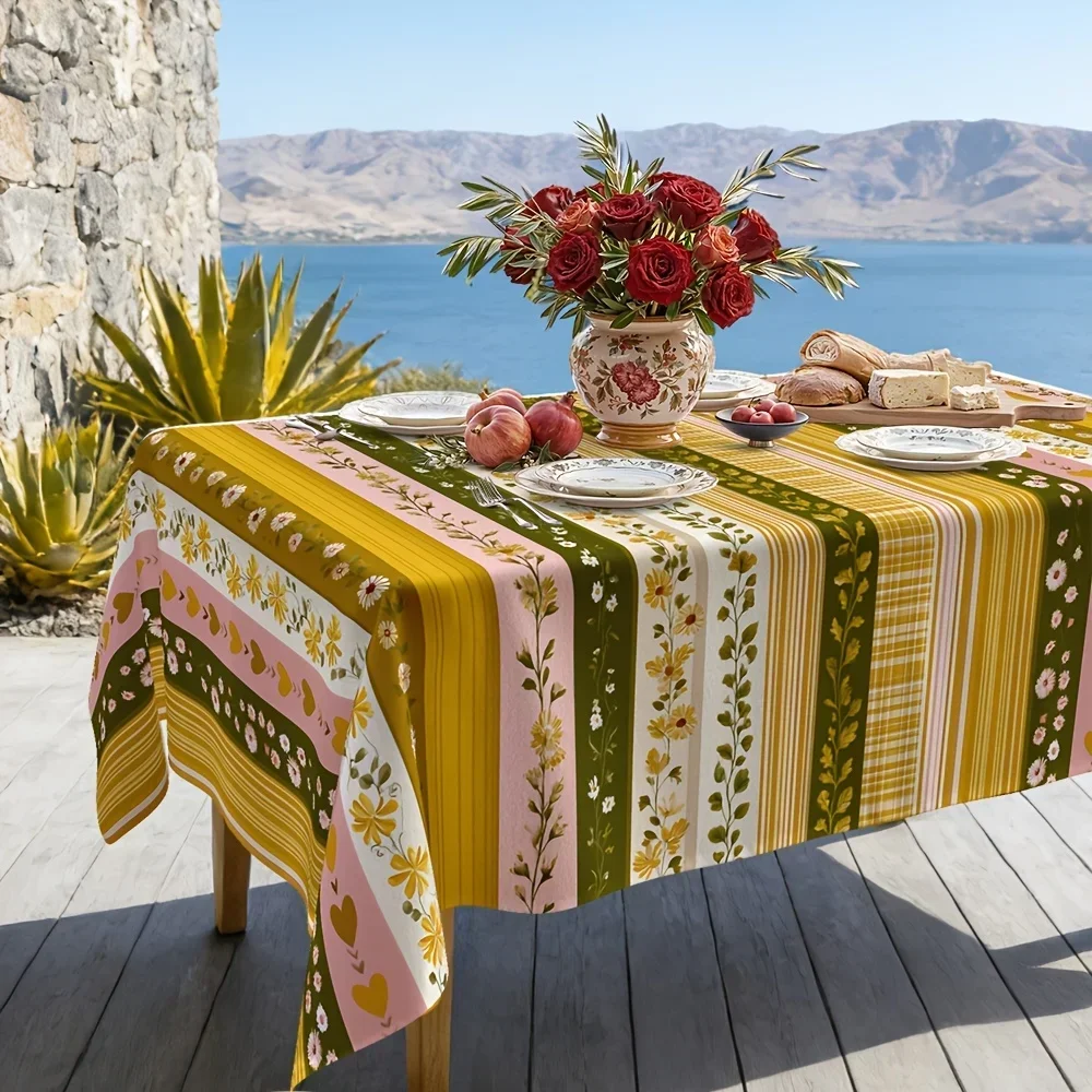 One-piece striped Mother's Day tablecloth - colorful vertical stripes featuring daisies and yzb