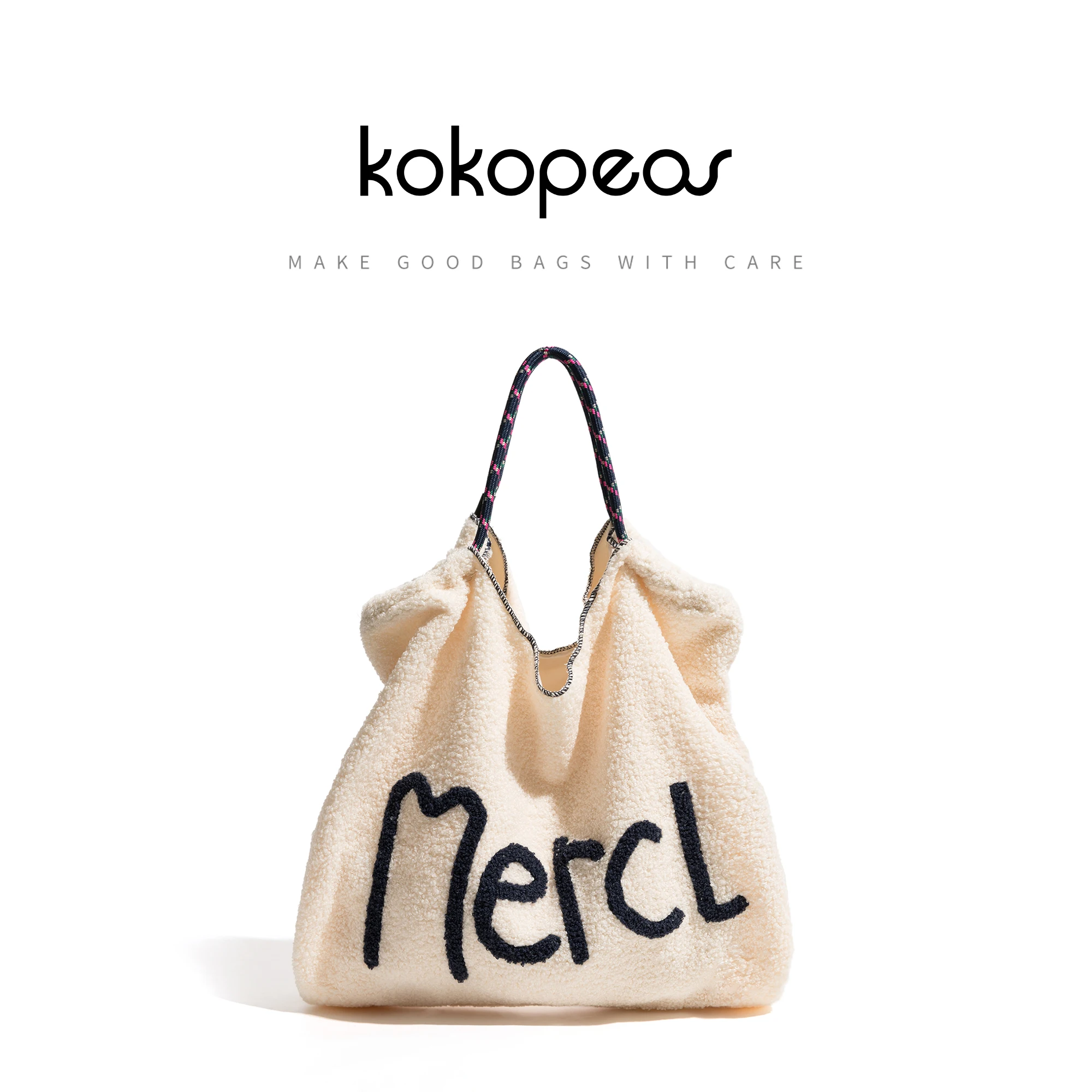 KOKOPEAS Plush Letter Lamb Like Fabric Handbag Big Casual Daily Bag for Women Cute Fur Girl Tote Grocery Purse