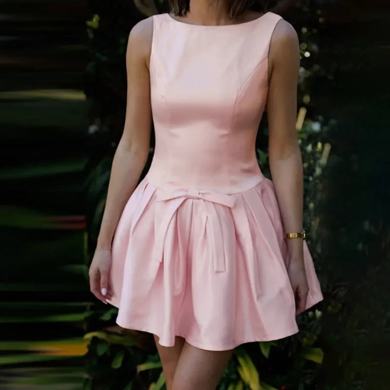 

Ticketsx Summer Pink Backless Slim Pleated Mini Dress Fashion Bow Lace Up Sleeveless Dress Elegant Party Evening Dress Vestidos