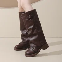 Vintage Thick Heel Women Knee High Boots Fashion Ladies Belt Buckle Knight Long Booties Botas De Inverno Feminina - Image 2