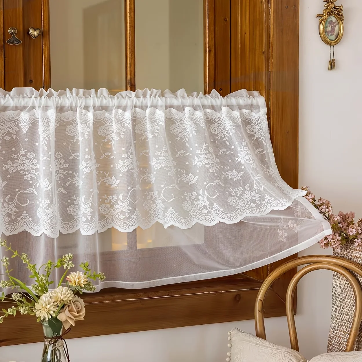 1 PC pastoral embroidered floral valance curtain with rod pocket top, decor for living room, bedroom, balcony, kitchen and home