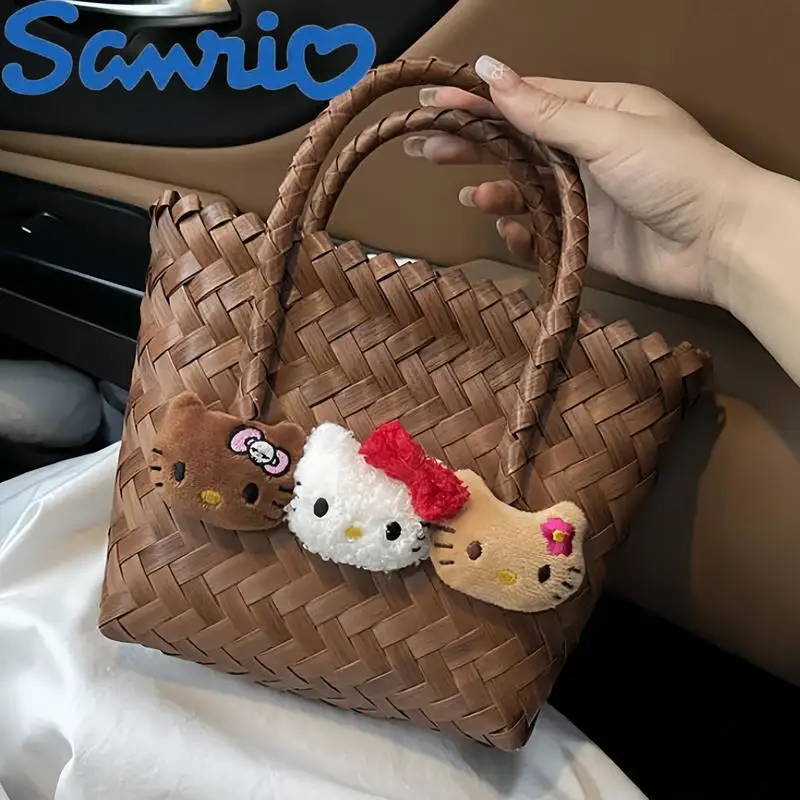 

Saniro Hello Kitty Женская Ручная работа Новинка модная Мини Большая вместительная сумка через плечо из бамбука плетеная Сумка для девочек