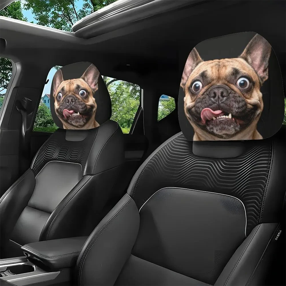 2pcs French Bulldog with Tongue Out Funny Print Car Headrest Covers Easy to Install and Wash